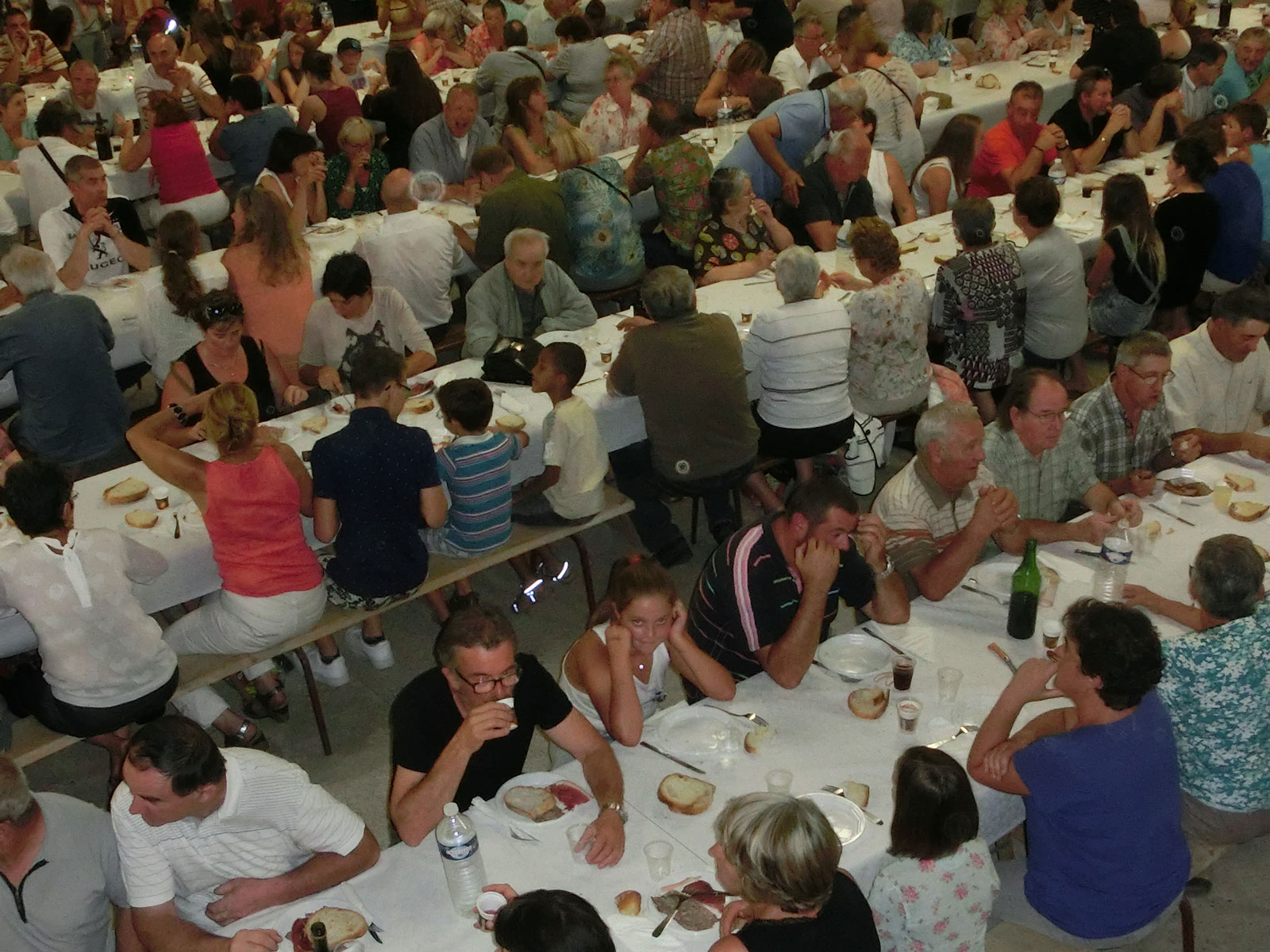 De traditionele maaltijd in een grote schuur tijdens het dorpsfeest in het dorp -la-Bastide-Solages in de Aveyron