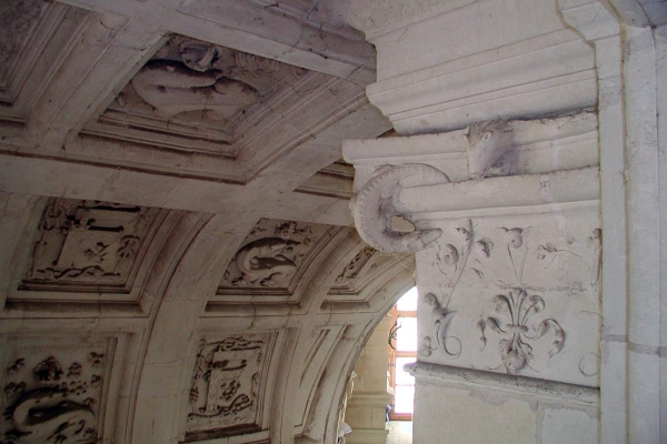 Detail van het plafond in Chambord met een salamander, het wapen van Frans I